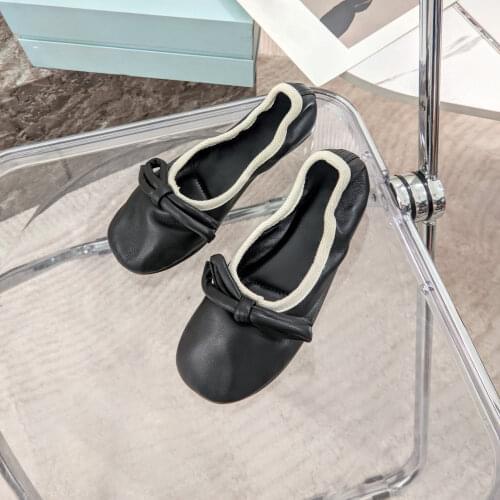 2021 New Round Toe Women Flats Soft Flats Woman Butterfly-Knot Women Shoes Comfort Slip-On Genuine Leather Sweet Ballet Flats