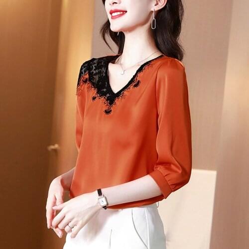 Summer Casual Lace Stitching Women Shirts Blouses Elegant 3/4 Sleeves V-Neck Female Tops 2021 Korea Fashion Satin Shirts