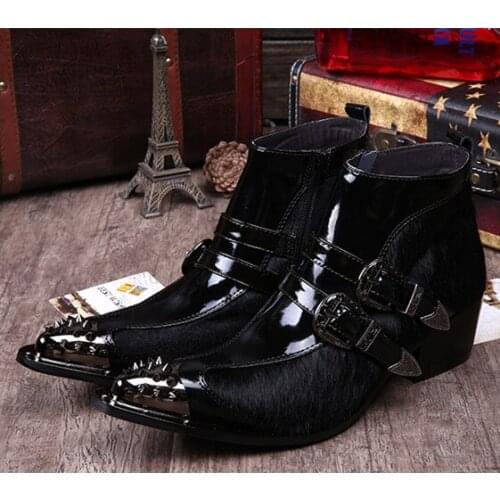Christia Bella British Style Male Buckle Real Leather Party Short Boots Motorcycle Mens Rivet Pointed Toe Black Heighten Boots