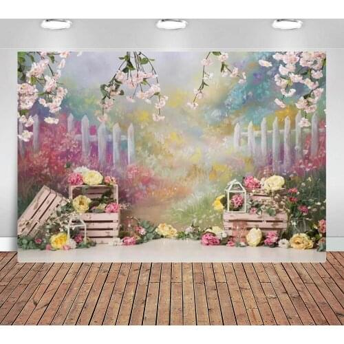 Girl Birthday Photography Backdrop Flowers Garden Oil Painting Wall Portrait Background Floral Birthday Cake Smash Photo Shoot