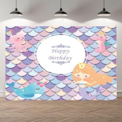 NeoBack Fish Scale Little Mermaid Princess Seahorse Photography Backdrop Baby Shower Birthday Party Photo Background Banner