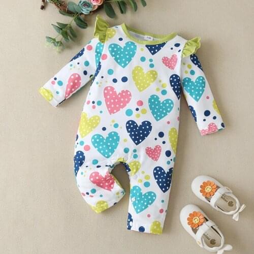 New Spring Fall Baby Clothes Girl Cotton Sweet Love Print Long Flying Sleeve Baby Romper Festival Party Baby Girl Jumpsuit 0-18M