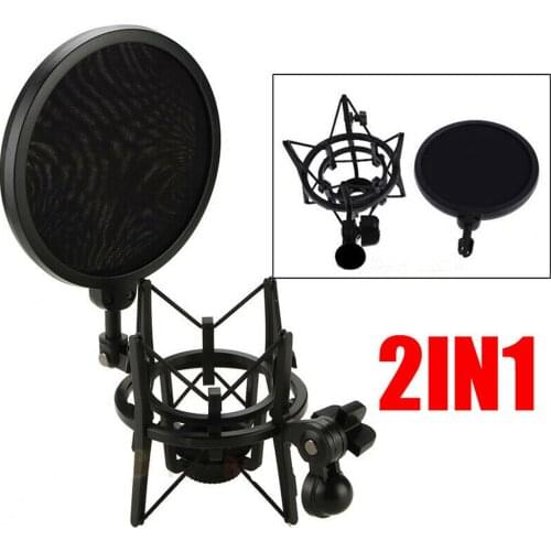 Condenser Mic Microphone Shock Mount Holder With Big Integrated Pop Filter Black