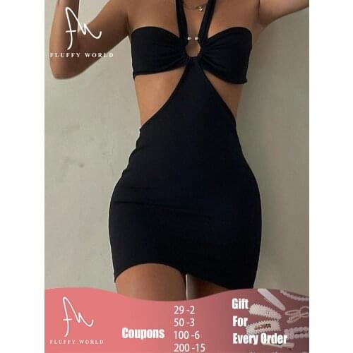 Summer Spaghetti Strap Halter Sexy Backless Mini Dress Holiday Elegant Skinny Sleeveless Hollow Out Club Party Dresses Bodycon