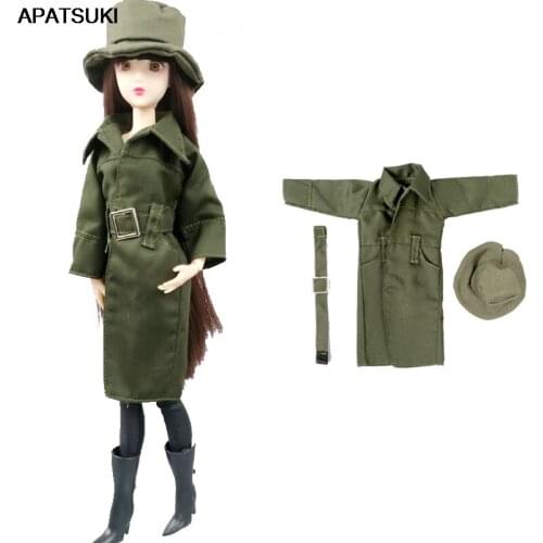 Army Green Fashion Doll Clothes for Barbie Doll Outfits Long Sleeve Coat Trenchcoat Clothes Hat Boots Set Clothing 1/6 DIY Toy
