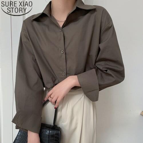 Fashion Solid Shirts Vintage Long Sleeve Shirt Women Coffee Color Loose Shirt Spring All-match Casual Ladies Tops Blusas 13169