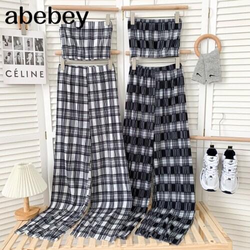 Fashion sleeveless short Strapless Vest Top + high waist pleated casual wide leg plaid Pants two piece set 2021 New Summer