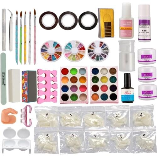 Full 25 Nail Art Acrylic Powder Primer Glitte Liquid TIP Brush Glue Dust KITS #13set