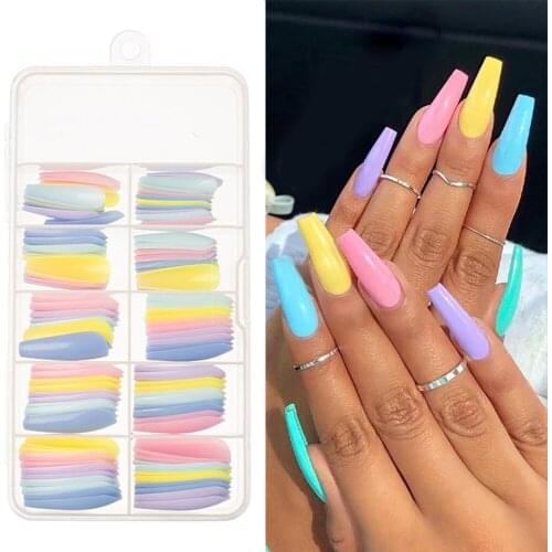 100PCS Mix Candy Colors Glossy Fake Nails Long Coffin False Flat Nail Tips Beauty French Ballerina Acrylic DIY Manicure Tools