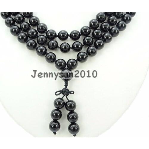 Natural 10mm Black Obsidian Gems Stone Buddhist 108 Beads Prayer Mala Knot Bracelet Necklace Multi-Purpose 5Strands/Pack