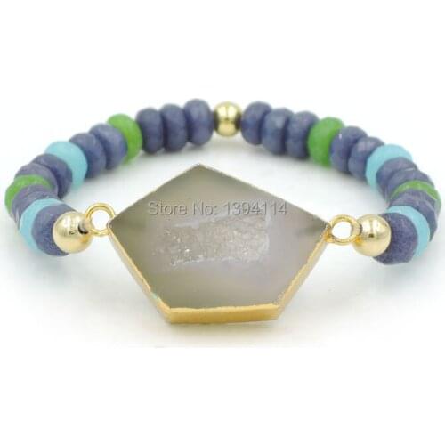 Natural Agat e Cluster Pentagon Connector Of Cladding Gold & 8*5mm Faceted Oval Loose Beads Beaded Bracelet Approx 8 Inch