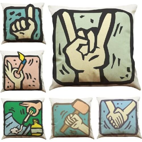 Cushion Cover Cartoon Gesture Pattern Linen Throw Pillow Cover Home Decoration Car Sofa Decorative Pillowcase coussin 45x45cm