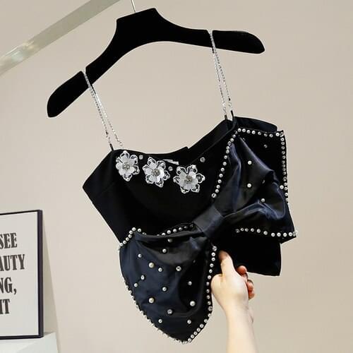 Camisole Woman New Beads Diamond-Embedded Sweet Flowers Irregular Three-Dimensional Big Bow One-Piece Style Short Diamond Top