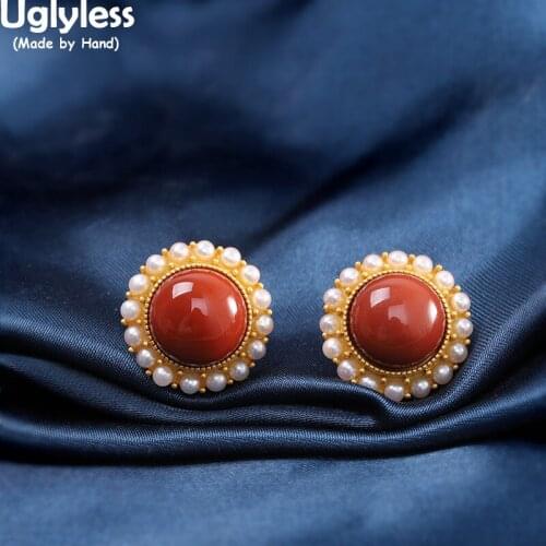 Uglyless Natural Pearls Garland Earrings for Women Gemstone Meaty Agate Studs Earrings Real 925 Silver Dress Brincos Bijoux Gems