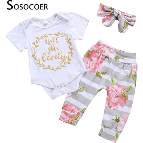 SOSOCOER Girl Baby Clothing Set Newborn Baby Girl Clothes Short Sleeve Romper Floral Pants Headbands infant baby outfits 3pcs