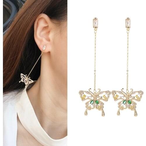 Trend Pink Zircon Insect Ear Hollow Butterfly Long Tassel Pendant Earrings For Bridesmaids Young Girls Gift