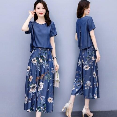 Oversize Womens Suit Tencel Wide-leg Pants Suit 2 piece Summer Sets 2021 Thin Denim Two-piece Set Loose Ladies Pantskirt Suit