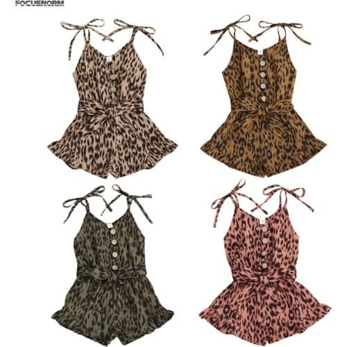 FOCUSNORM 1-6Y Leopard Girls Baby Rompers Overalls Sleeveless V Neck Button Ruffles Chiffon Jumpsuits 4 Colors