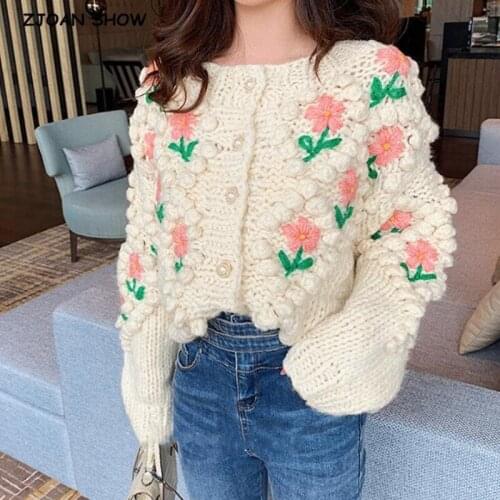 Retro 3D Flower Hand Crochet Dot Ball Cardigan Pink Sweater Vintage Woman O neck Long sleeve Loose Knitwear Oversized Jumper