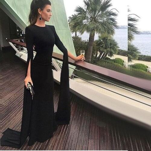 Black Long Sleeve Evening Dress Chiffon High Neck Mermaid Formal Evening Gown Backless Simple Prom Evening Wear For Woman