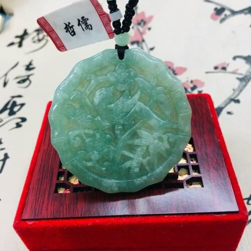 Zheru pure natural Jadeite carved green plum pendant with green bead chain sweater chain Send A certificate