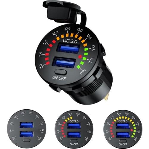 12V 24V QC 3.0 18W Dual USB Output USB Fast-Charge Waterproof Car Charger With LED Voltmeter ON-OFF Switch Power Cord