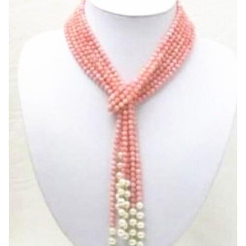 5mm pink artificial coral freshwater white pearl round beads scarf necklace trendy party gifts fashion jewelry 50inch BV327