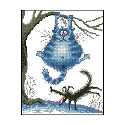 FREE delivery Top Quality Hot Selling Lovely Counted Cross Stitch Kit Blue Cat Hang In The Tree Cat Dog Fight