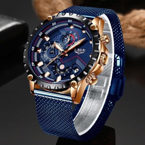 2019 New LIGE Blue Casual Mesh Belt Fashion Quartz Gold Watch Mens Watches Top Brand Luxury Waterproof Clock Relogio Masculino