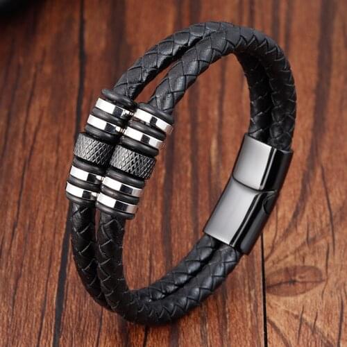 Fashionable Multi-layer Combination Cross Stitched Leather Mens Stainless Steel Bracelet for New Year Gifts Male Jewelry
