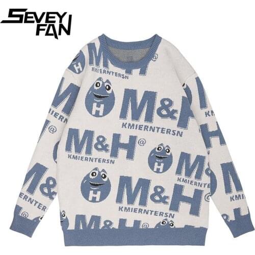 SEVEYFAN Mens Fashion Cartoon Letters Jacquard Sweater Hip Hop Loose Cotton Knitwear Pullover for Couples