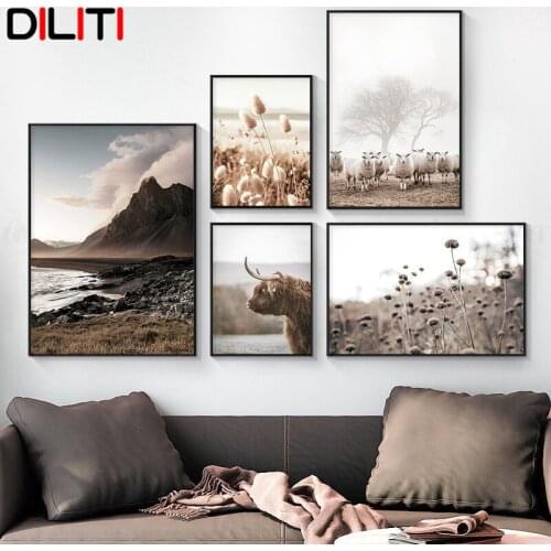 Yak Grassland Wall Art Nordic Mountain Landscape Canvas Painting for Living Room Posters and Prints Pictures Home Decoration