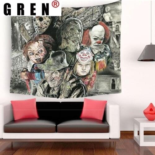 GREN Tapestry Horror Clown Wall Hanging Fabric Mural Background Cloth Wall Rugs Towel Beach Fabric Blanket Dorm Living Home Deco