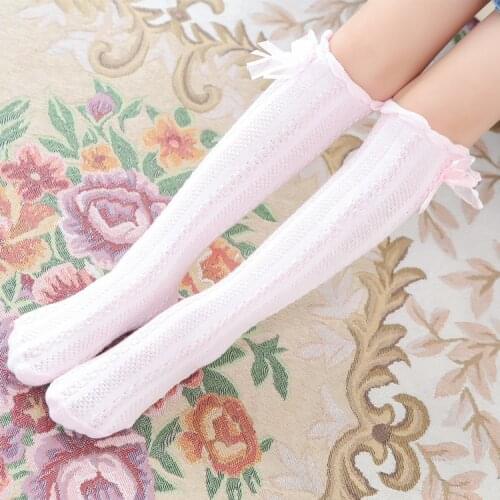 New twist mesh girls medium high socks bowknot over knee childrens long socks