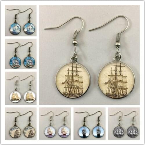 New retro sailing pattern round glass cabochon dome ladies earrings, pendant earrings jewelry