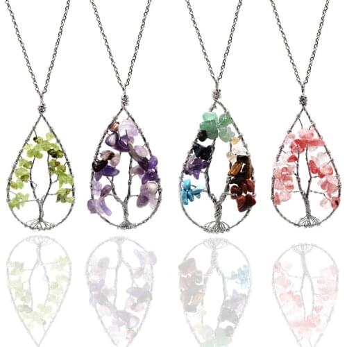 7 Chakra Quartz Natural Stone Healing Crystal Necklace Oval Tree of Life Wire Wrapped Stone Pendant for Womens Girls Ladies