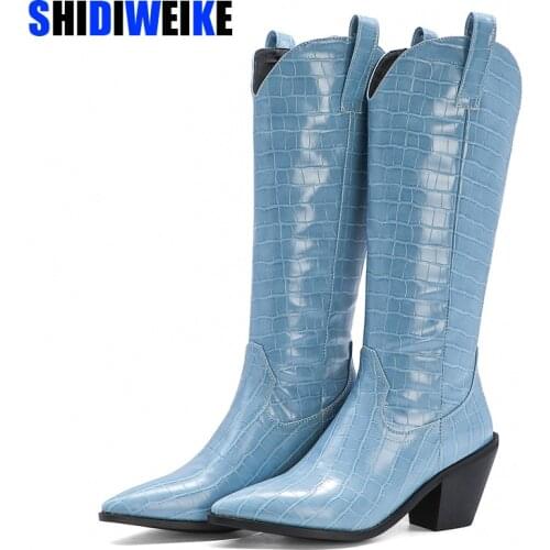 2021 Casual Western Cowboy Knee-High Boots Women Crocodile pattern Leather Cowgirl Booties Short Cossacks botas High Heels Shoes