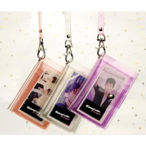 Casual Transparent ID Card Holder PVC Folding Short Wallet Fashion Women Girl Glitter Business Cards Case Purse with Lanyard Sum