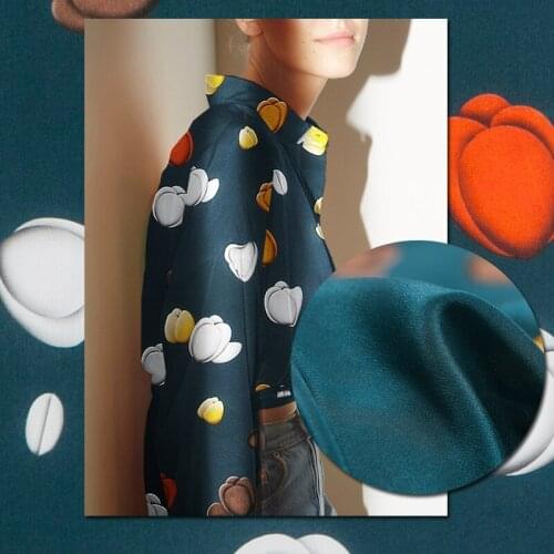 Retro blue with elegant floral pure silk crepe de chine fabric,good luster,sewing for shirt,blouse,dress,skirt,craft by the yard