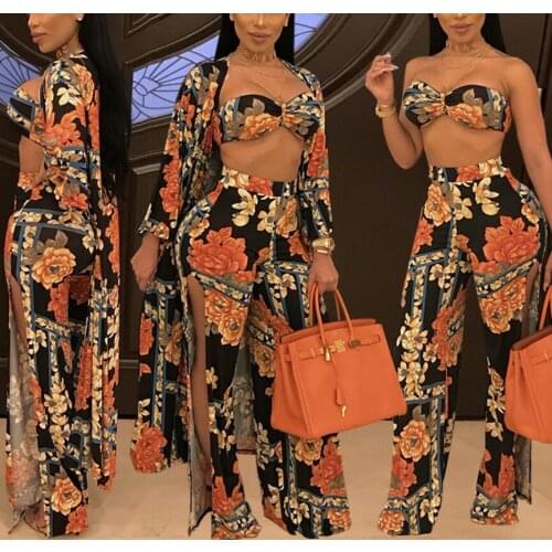 2019 spring sexy print windbreaker wrapped chest trousers three-piece holiday party pants suit womens clothing