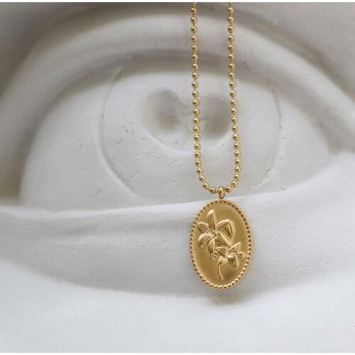 MODAGIRL Vintage 3D Double Sided Lily Flower Necklace Stainless Steel Female Collar Oval Coin Necklace Gold Jewelry