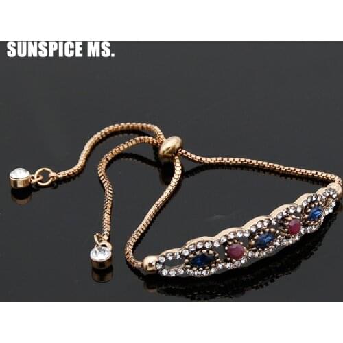 Vintage Turkish Women Resin Jewelry Bracelet Antique Gold Color Rhinestone Sliding Chain Bracelet Indian Bridal Wedding Jewelry