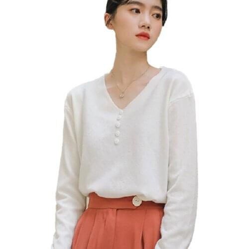 Womens T-shirt Spring Autumn Korean Style Fashion V-neck Long-sleeved Knitted Tops Minimalist Solid Color Cotton Tees 2020