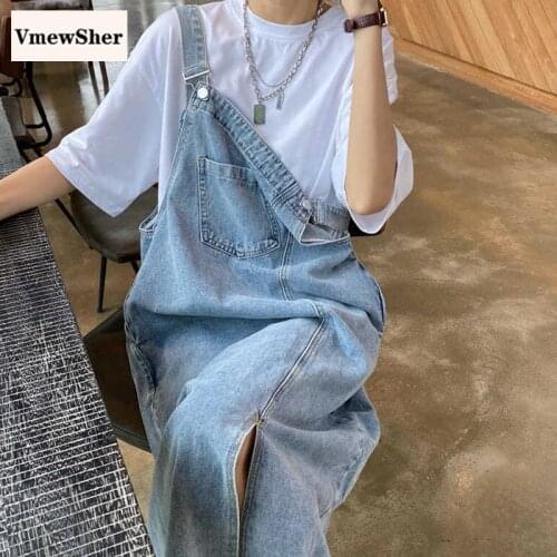 VmewSher New Vintage Strap Denim Dresses Women Spring Summer Sleeveless Straight Sundresses Casual Midi Long Split Jean Dress