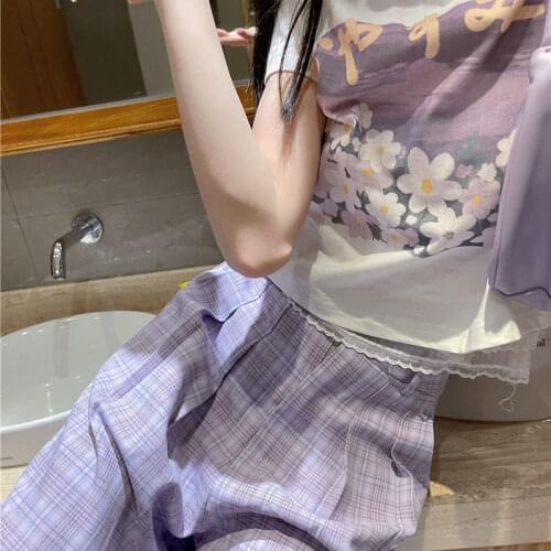 Plaid Pants and Floral Print White Tops Set Woman 2 Pieces Purple Pajamas for Girl Summer 2021 Pyjamas Kawaii Pijama Lounge Wear