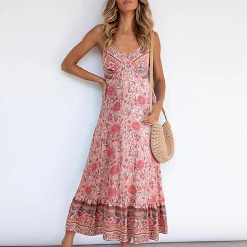 Women Bohemian Maxi Dress Backless Spaghetti Straps Floral Print Dress for Party vestidos платье летнее женское2021