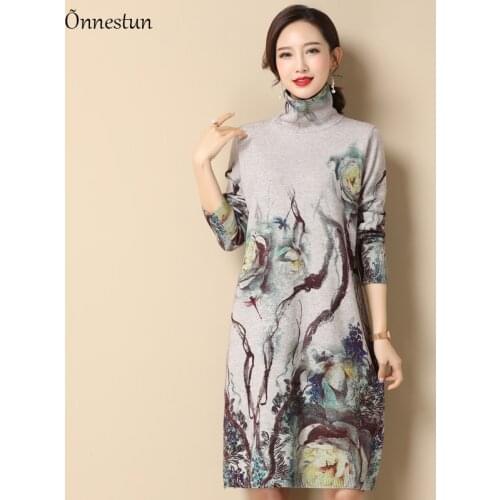 Turtleneck Long Sweater Dress Women Winter Fashion Long Sleeve Pullovers Print Pull Femme Jumper Plus Size Sweater Women