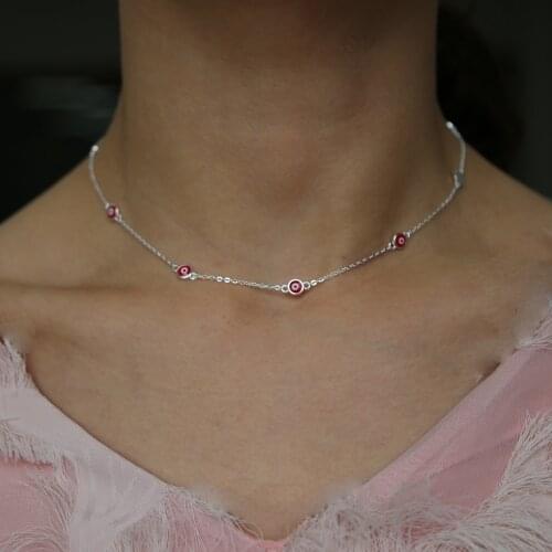 925 sterling silver silver color round dots blue red enamel women fashion fine silver cute eye necklace