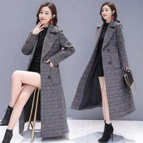 WomenS Woolen Coat Autumn Winter lattice Jacket Long Cashmere Overcoat Oversize itself Female Thick Warm Wool Jacket A193