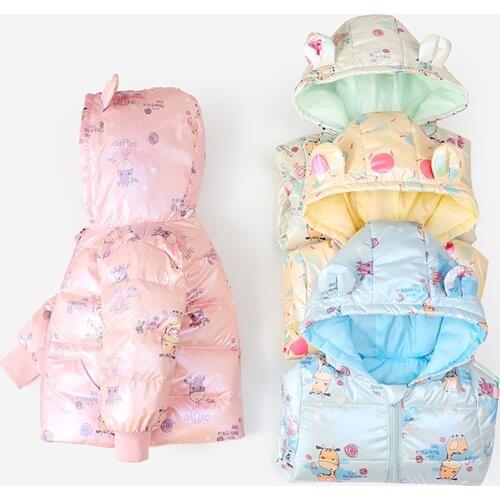 VOGUEON 2021 Kawaii Girls Winter Down Jacket Cartoon Print Baby Kids Clothing Ear Hooded Coat Warm Outerwear Children Coats 1-6Y